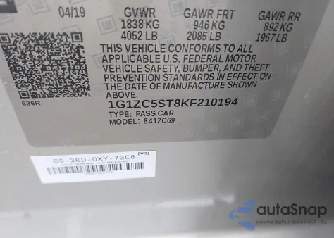 2019 Chevrolet Malibu 1Fl из США, поврежденный, VIN 1G1ZC5ST8KF210194